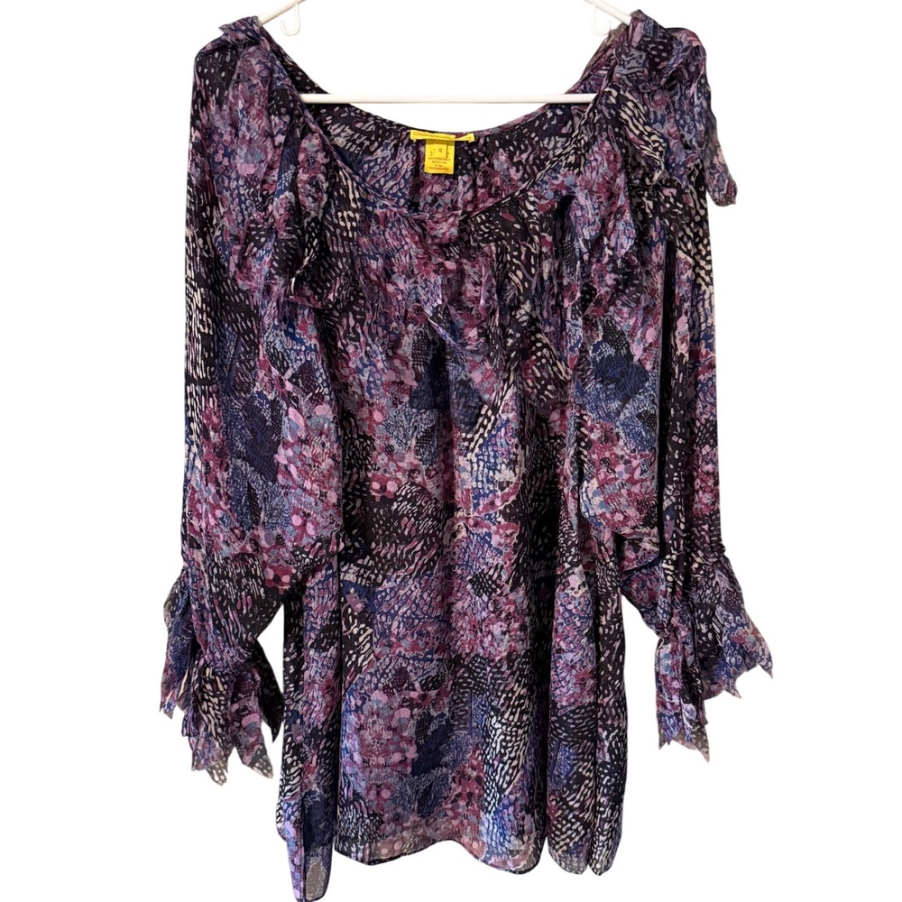 Catherine Malandrino Silk Ruffle Blouse Purple Abstract Animal Print Top Size 12